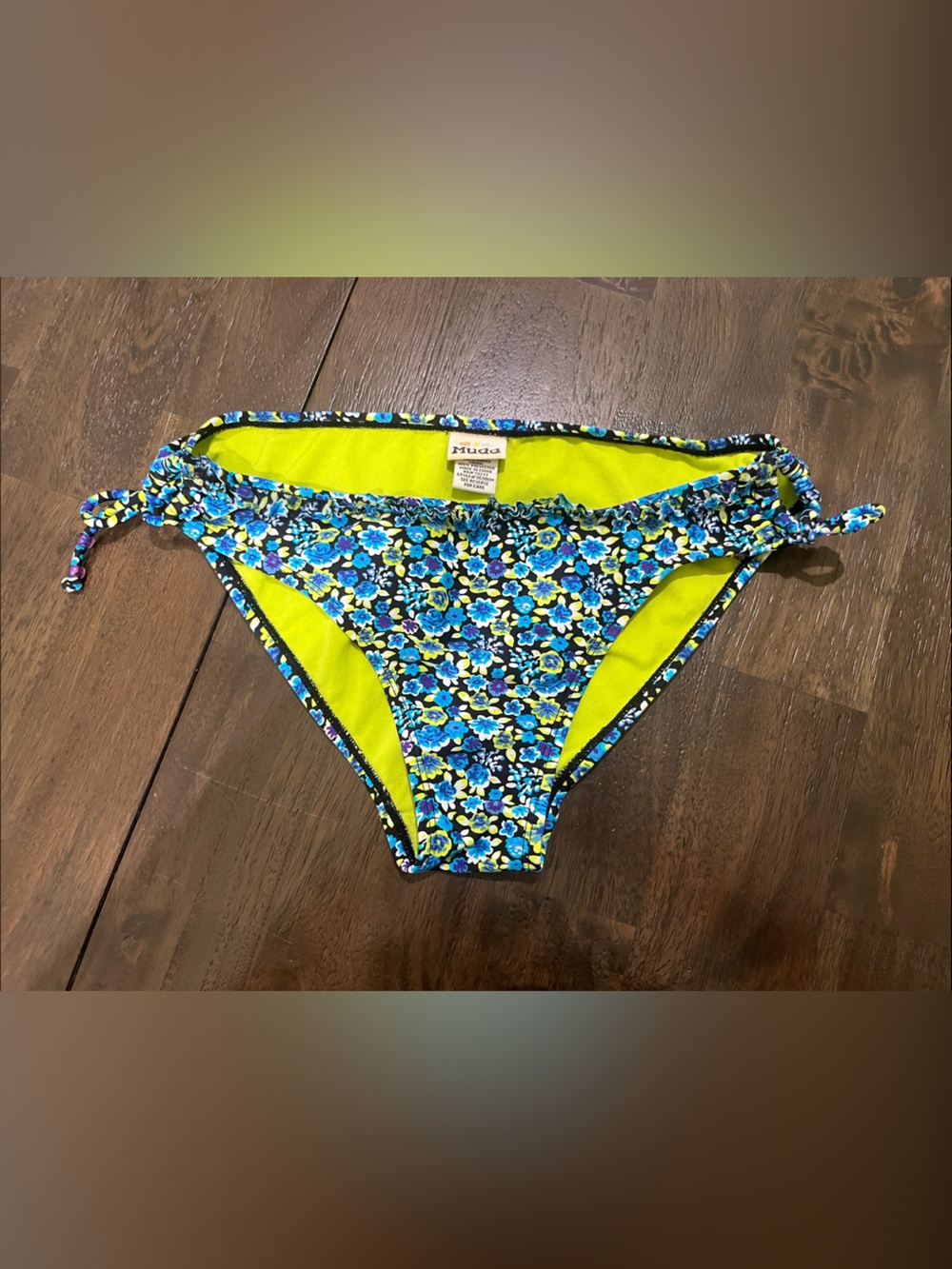 Y2K Mudd Juniors Medium Floral Blue & Lime Bikini Bottom Tie Purple Beads EUC